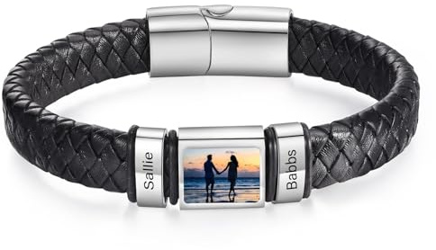 lorajewel Pulsera Personalizada para Hombre Papá Pulsera de Cuero con Nombre Foto Regalo para el Día del Padre, Navidad, Cumpleaños (Plata-2)