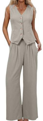 Ensemble Femme Chic Et Elegant - avec Col en V sans Manches Gilet Pantalon 2 Pièces d'affaires Fluide Coton Lin Bureau Vêtement Tailleur Couleur Unie Costume Ete Soirée Décontractée Tenue