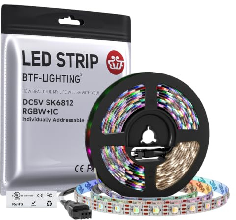 BTF-LIGHTING RGBW RGB+Natural White SK6812 (Similar WS2812B) 4 Colors in 1 LED Strip Individually Addressable 16.4ft 60Pixel/m 300LED Light Dream Color IP30 DC5V White PCB (No Adapter or Controller)