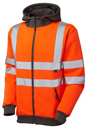 Leo Workwear Saunton Double Fabric Hood Hi-Vis Full Zip Hooded Sweatshirt, Small, Hi-Vis Orange