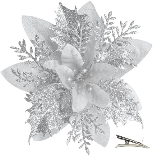 MIKAILE 20 Piezas Flores de Navidad Artificiales con Clip, Poinsettia Artificial para Árbol de Navidad con Purpurina, Flores Artificiales para Guirnalda y Corona Decoración Navideña (Plata)