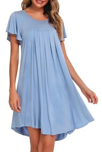 Uniexcosm Camicia da Notte, Camicia Notte Donna Cotone Corta Camicia Notte con Girocollo Sciolto Maniche Corte Camicia da Notte Volant Lovable Sleepwear per Casa e Casuale Blu Chiaro XL