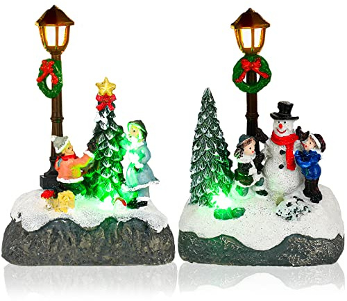 Karenhi Christmas Village Sets, 2 Pcs Snowman Tree Santa Christmas Village Scene with Figurines LED Light Xmas Accessories Tabletop Decorative Xmas Ornaments for Table Decor(Rustic Style)