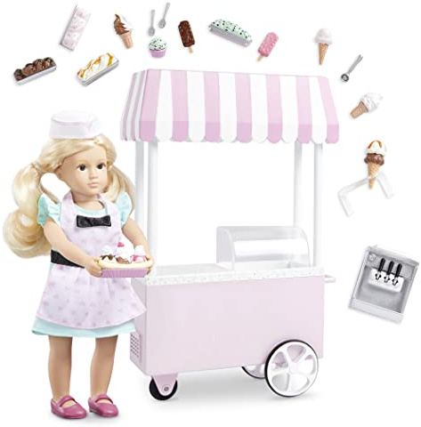 Lori – minidockor och glasvagn – kläder och glass tillbehör för 15 cm dockor – glasskopor, koner, mjuk servering, glassar – leksaker för barn – 3 år + – Evelinas glassvagn