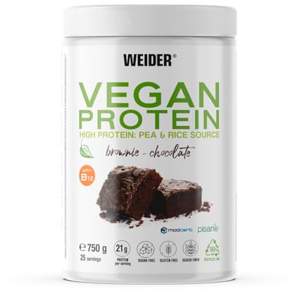 Weider Vegan Protein (750g) Brownie-Chocolate Flavour. 23g Protein/dose, Pea Isolate (Pisane) & Rice Protein. With Vitamin B12 & Stevia. Gluten Free, Sugar Free. Packaging 50% Recycled 100% Recyclable