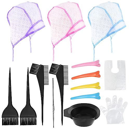 Swpeet Kit de 22 piezas de tinte para el cabello, gorras de PVC de 3 colores para colorear con herramientas de peinado, chal desechable para teñir el cabello con guantes, cepillo de tinte, cuenco para