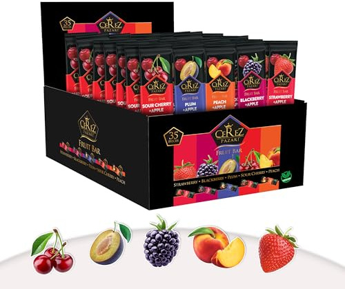 Cerez Pazari Dried Fruit Roll Ups, 25g x 35 pack Snacks Variety Pack for Kids, Vegan Real Fruit Bars, Healthy Snacks with Strawberry, Blackberry, Plum, Sour Cherry and Peach