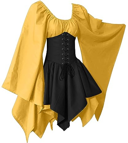 Medieval Costume for Womens Trumpet Sleeve Vintage Gothic Punk Tunic Victorian Irish Shirt Mini Dress Lace Up Corset Renaissance Traditional Dress Halloween Cosplay Costumes Bellatrix Victorian
