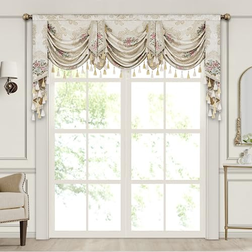 TOPLUXE Swag Valance for Windows, Floral Waterfall Valance with Tassels, Short Curtain for Bedroom Living Room Kitchen, Rod Pocket (Width 200cm, Beige)
