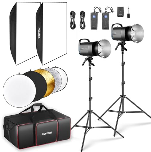 NEEWER 600Ws Studio Monolight Flash Light Kit: 2 Pack S101-300W 5600K Strobe Lights with 150W Modeling Lamps/Bowens Mount/Softboxes/Stands, Reflector/RT-16 Trigger/Bag for Photography Portrait Product
