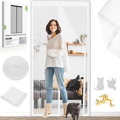 Magnetic Fly Screen Door Curtain - Fly Curtains 90X210cm for Doors with Powerful Magnets and Full Frame Magic Tape, Fly Nets for Doors Without Drilling, Suitable for Patio Doors Balcony Bedroom(White)