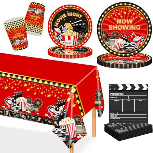 MORAINJAY Ensemble de Vaisselle de Fête Hollywoodienne 97 Pièces, Assiettes, Tasses, Serviettes, Décoration Cinéma Hollywood, Accessoires de Fête Cinéma, Décoration de Table pour Soirée à Thème