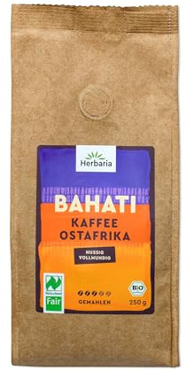 Herbaria BAHATI | BIO Kaffeebohnen gemahlen | Naturland Fair zertifiziert aus Ostafrika | ausgewogene Röstaromen von gerösteten Nüssen & Schokolade | für Filterkaffee & French Press | 250g