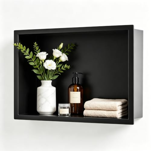 Bernkot Nicho de Ducha Empotrado de Acero Inoxidable 450 x 300 x 100 mm Negro Mate Azulejos No Cerámicos Estante de Ducha Empotrado Nicho de Pared Almacenamiento de Baño Tipo de Instalación