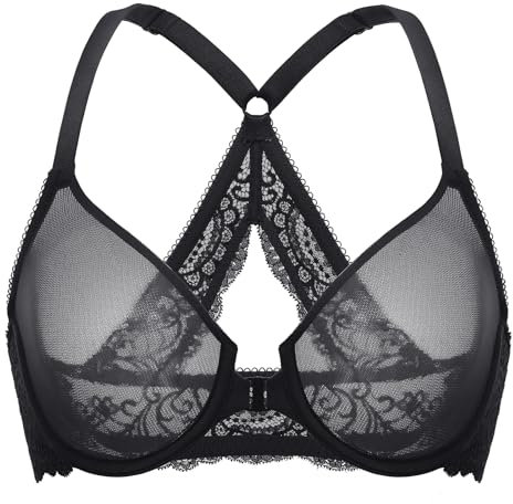 Delimira Women's Front Fastening Bras Sheer Mesh Racerback Plus Size Full Coverage Unlined Underwired Bra Black 34F