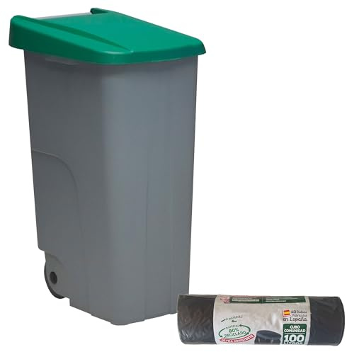 WELL HOME MOBILIARIO & DECORACIÓN Contenedor Cerrado 85L Verde H.76cm + Rollo 10 bolsas de basura 100L