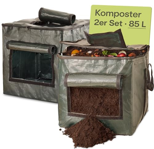 Praknu Thermo Komposter für Garten Klein - 85L Platzsparend - Wetterfest 𝗘𝘅𝘁𝗿𝗮 𝗦𝘁𝗮𝗿𝗸 - Mit Belüftungs- und Einfüllklappe - Schnellkomposter für Küchen- und Gartenabfälle (2 Stück)