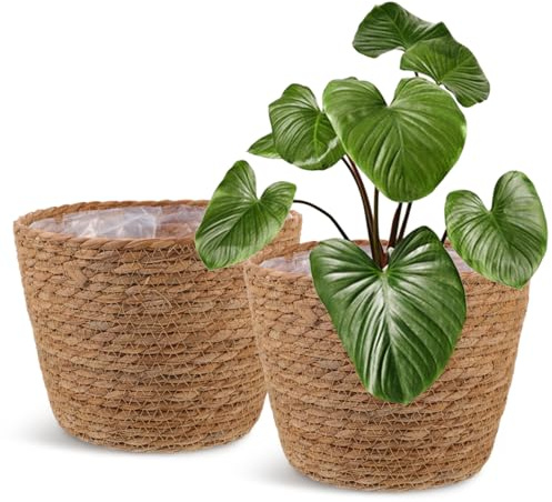 Healifty Woven Plant Baskets with Liner: 2Pcs Round Wicker Seagrass Planter Pots Rattan Straw Baskets Covers for Indoor Outdoor Flower Plants Rustic Home Farmhouse Garden Decor 9.05 X 9.05 X 6.49''
