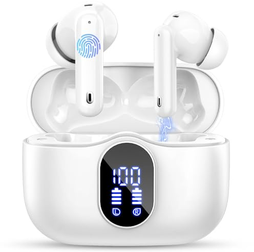 Wireless Earbuds, Bluetooth 5.4 Headphones In Ear with 4 ENC Mic, Ear Buds ENC Noise Cancelling 3D Bass Stereo, Bluetooth Earbuds 36H Playtime, Earphones IP7 Waterproof, Customization via App, White