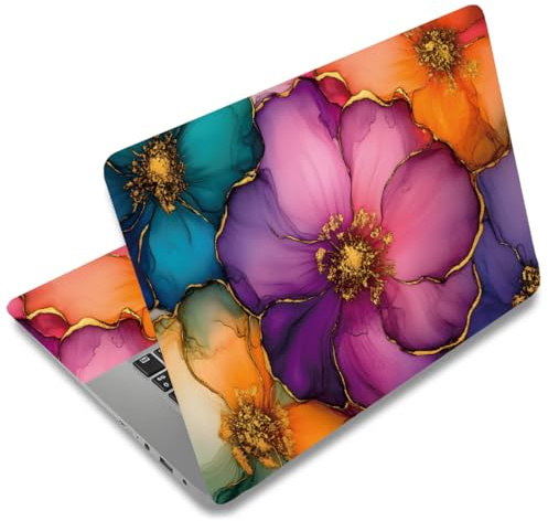 SUPERDANT Peau Pour Autocollant Ordinateur Portable Fleurs Colorées à Bordure Dorée PVC Décoratif Autocollant PC Portable d'Art 12 13 13.3 14 15 15.4 15.6 Sticker Personnalisé