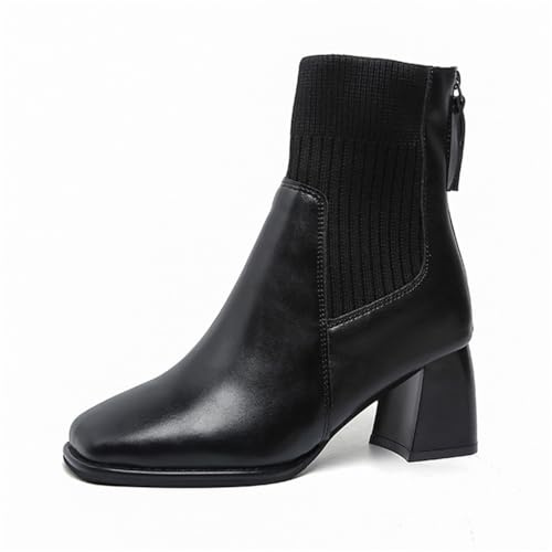Stivaletti Chelsea da donna, elastici, comodi, con punta quadrata, tacco a blocco, cerniera posteriore, stile casual, invernali, alla caviglia, Nero , 38.5 EU