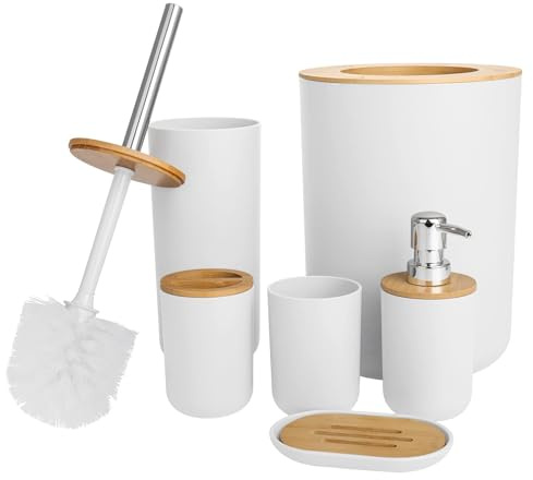 GREENSAPPIRE Bathroom Accessories Set - 6-piece Modern Bathroom Bin And Toilet Brush Set - Includes Trash Can Toilet Brush Toothbrush Holder Soap Dispenser Soap Dish and Mouthwash Cup (White)