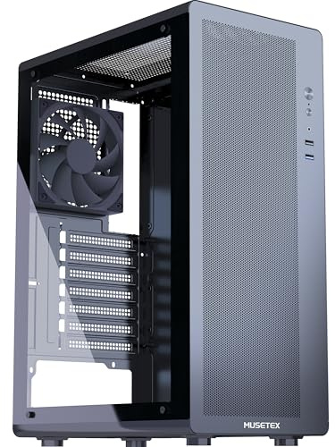 MUSETEX Case PC ATX, 1 Ventola 120 mm Senza LED, Fronte a Maglia, Case Mid Tower ATX con Vetro Temperato, Filtro Antipolvere Magnetico, Nero (M2)