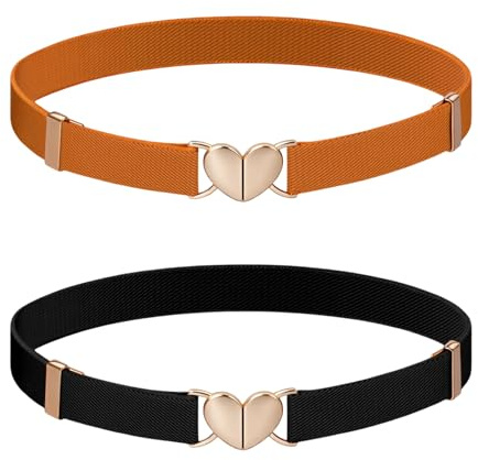 Falzqq 2 Pack Girls Belt Kids Belt for Waist Size 15-30 Adjustable Heart Buckle Stretch Belts for Pants Jeans Dress (Black Brown)