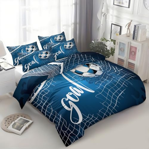 XCQHZYQ Copripiumino Singolo Bambino Blu 135x200 cm, Set Copripiumino Tema Di Calcio Lettere Set di Biancheria da Letto Reversibile Ipoallergenico, Copertura con 1 Federa