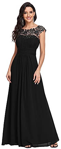 Ever-Pretty Plus Vestidos de Fiesta Cuello Redondo Encaje Gasa Corte Imperio A-línea Talla Grande para Mujer Negro 48