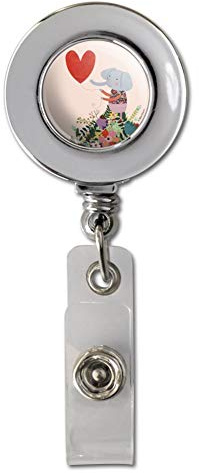 Cute Elephant Holding a Heart Shaped Balloon Retractable Reel Chrome Badge ID Card Holder Clip