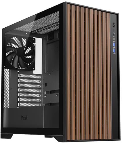 Itek Gehäuse Woody – Gaming Tower – ATX – 3x14cm Schwarze Lüfter – 2X USB 3.0 – Type-C – Front aus Holz – Seitenteil aus gehärtetem Glas