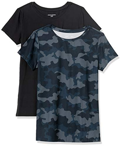 Amazon Essentials Top da Palestra Tecnico a Maniche Corte a Girocollo Elasticizzato ad Asciugatura Rapida (Disponibile in Taglie Forti) Donna, Lot de 2, Blu Marino Mimetica/Nero, XXL