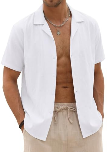 Halfword Uomo Camicia Lino Manica Corta Estiva Casual Risvolto Cotone Hawaiian Tinta Unita Vacanze Beach