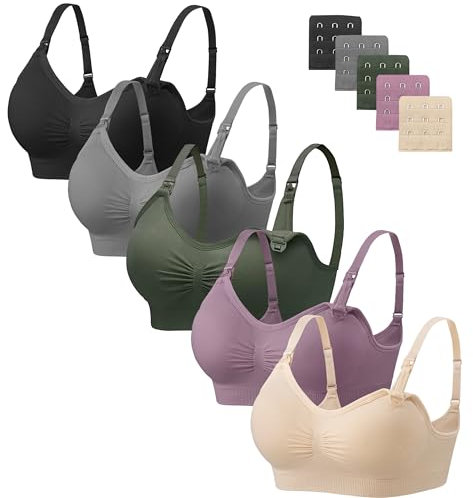 HBselect 5 Pcs Schwangerschafts Still BH Nahtloser Still-BH mit zusätzlichen BH-Verlängerungen Stillen und Schlaf Ohne Bügel für Damen Schwarz Grau Beige Blaurot Olivgrün