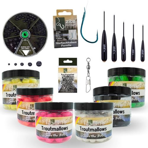 Zite Fishing Troutmallows Starter-Set - Marshmallow Forellen-Köder - Gummiperlen - Forellen-Haken Vorfächer Gr.6 - Bodentaster Grund-Posen - 30 Karabiner-Wirbel