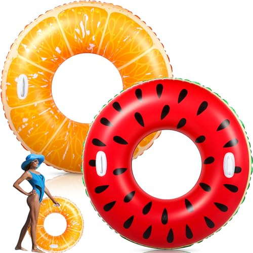 Gemscream 2 Pcs Large Adult Size Pool Ring Floats Swim Ring with Handles 47. 24 Inch Inflatable Swimming Pool Floats Tubes for Adults Teens Beach Summer Lounger Party(Fruits)