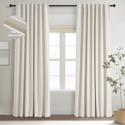 Topfinel Linen Blackout Curtains 96 Inch Long, Boho Farmhouse Ivory Birch Viral Drapes Pinch Pleated Curtains with Hooks for Living Room, Neutral 8 FT Back Tab Bedroom Curtains 52 X 96 2 Panels