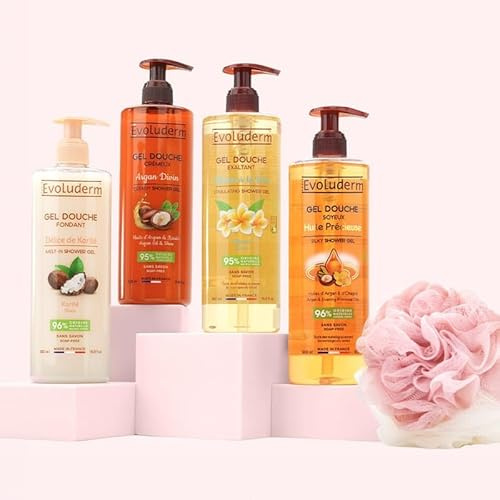 EVOLUDERM - Offre 4 Gels Douche 500ml + Un Gant Exfoliant Offert - Gel Douche Monoi - Argan - Karité - Huile Précieuse - Ingrédients Naturels - Made In France