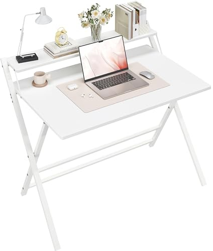 Yaheetech Escritorio de Ordenador Plegable 50x100x74.5cm con Estante de Monitor, Fácil de Plegar y desplegar, Adecuado para Dormitorio, Estudio y Salón, Blanco