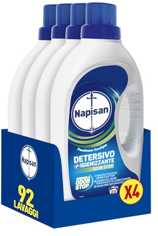 Napisan Detersivo Lavatrice Liquido Igienizzante Odorstop, 4 Confezioni da 1.15 l da 23 Lavaggi di Detersivo Lavatrice Liquido