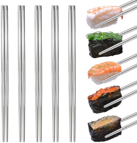 5 Paar Essstäbchen Edelstahl,23 cm Stäbchen Zum Essen,essstäbchen spülmaschinenfest,Wiederverwendbar,Anti-Rutsch Design–Perfekt für Koreanische,Chinesische Cuisine und Japanische Sushi (5)