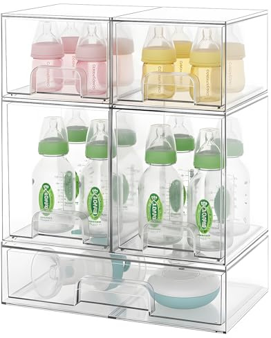Baby Bottle Organizer Stackable, Acrylic Storage Drawers 5 pack with Non-Slip Pads, Pull-Out Drawers for Baby Bottle, Pump Parts, Pantry, Vanity Countertop (4.4 and 7.6 Tall and 12.1 Wide)