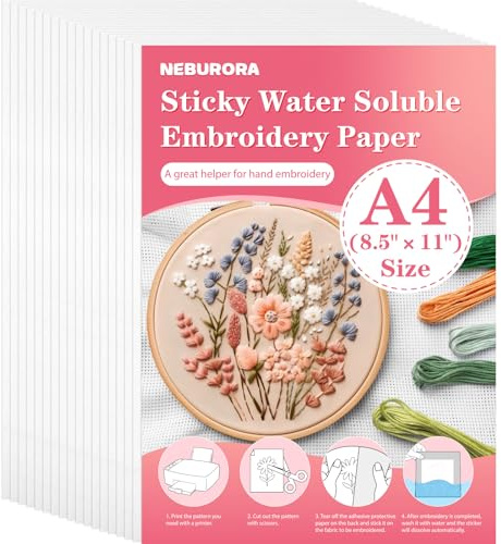 NEBURORA Stabilisateur hydrosoluble imprimable pour broderie, 20 feuilles de papier à broder adhésif 8,2 po x 11,6 po, support de broderie soluble et lavable