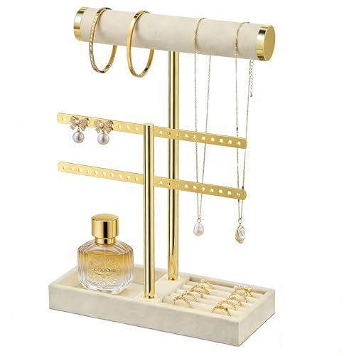 Josmimic Organisateur de bijoux à 2 niveaux - Présentoir à bijoux amovible en T beige - Porte-bijoux en velours pour bracelets, colliers, montres, bagues