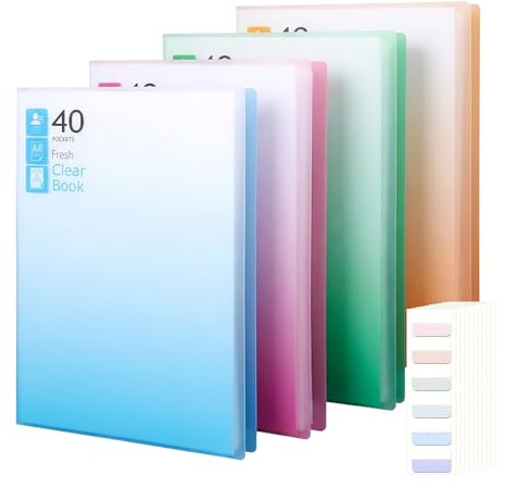 Lot de 4 chemises de présentation A4 avec pochettes en plastique, 40 pochettes, 4 couleurs dégradées, pour projets de présentation, dossiers pour ranger des documents, certificats, partitions de