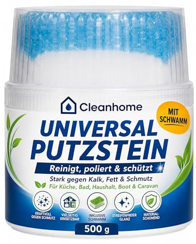 CLEANHOME Universal Putzstein 500 g – weißer Reinigungsstein & Allzweckreiniger für Küche, Bad, Edelstahl, Ceranfeld, Glas & Haushalt | kraftvoll gegen Fett, Kalk & Schmutz inkl. Schwamm