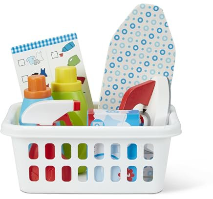 Melissa & Doug 8608 Laundry Basket Play Set With Wooden, Ironing Board, and Accessories (11 Pcs), Multicolor, 1 EA