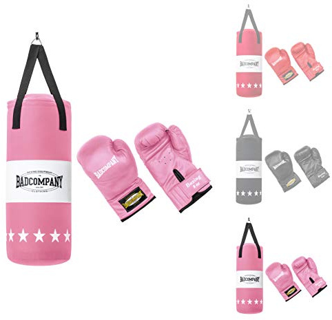 Bad Company Boxset für Kinder und Jugendliche bis 12 Jahre, rosa – gefüllter Boxsack 55 x 25 cm und Boxhandschuhe für Kinder mit 8 oz – hängender Boxsack-Set