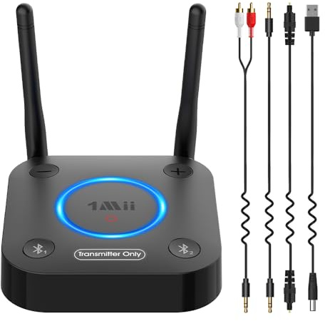 1Mii B06TX Émetteur Audio Bluetooth 5.3 pour TV, Transmetteur Adaptateur Bluetooth pour 2 Casques, aptX Faible Latence et HD, Longue Portée, Contrôle du Volume, AUX RCA Optique Coaxiale [Upgraded]